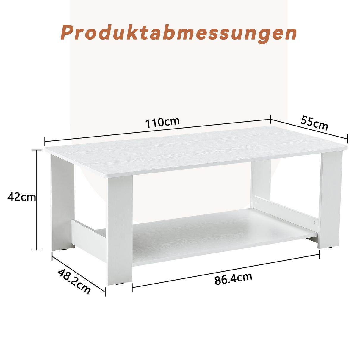 COUCHTISCH 110/55/42 cm Weiß mit Ablage aus MDF in Holzoptik - Weiß, Holzwerkstoff (110/55/42cm) - OKWISH