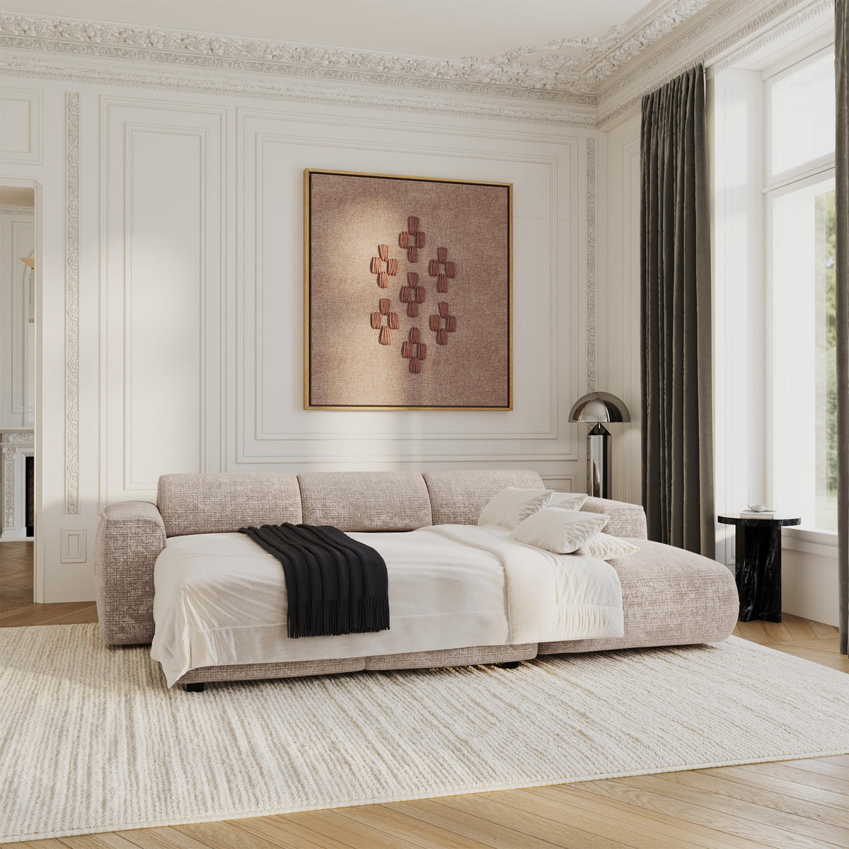 ECKSCHLAFSOFA Geprägter Samt Beige 283cm - Beige, Textil (283/180cm) - Sia Home