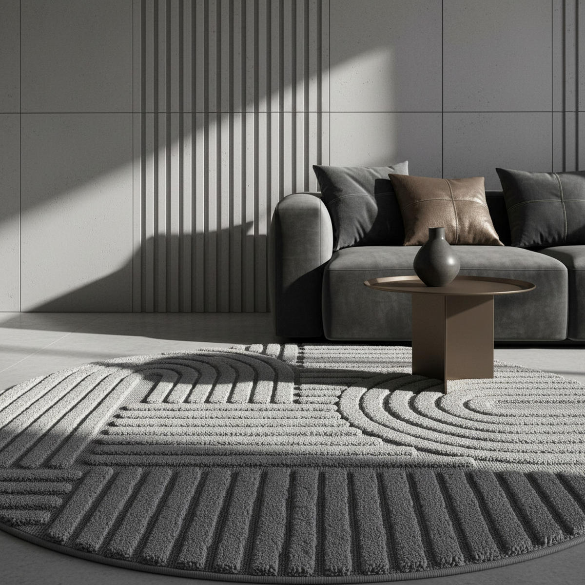 TEPPICH Esszimmer 3D Skandinavischer Boho Elegant Waschbar Wohnzimmer Rund Silber 200x200 cm – RIGI - Silberfarben, Textil (200/200cm) - KADIMA DESIGN