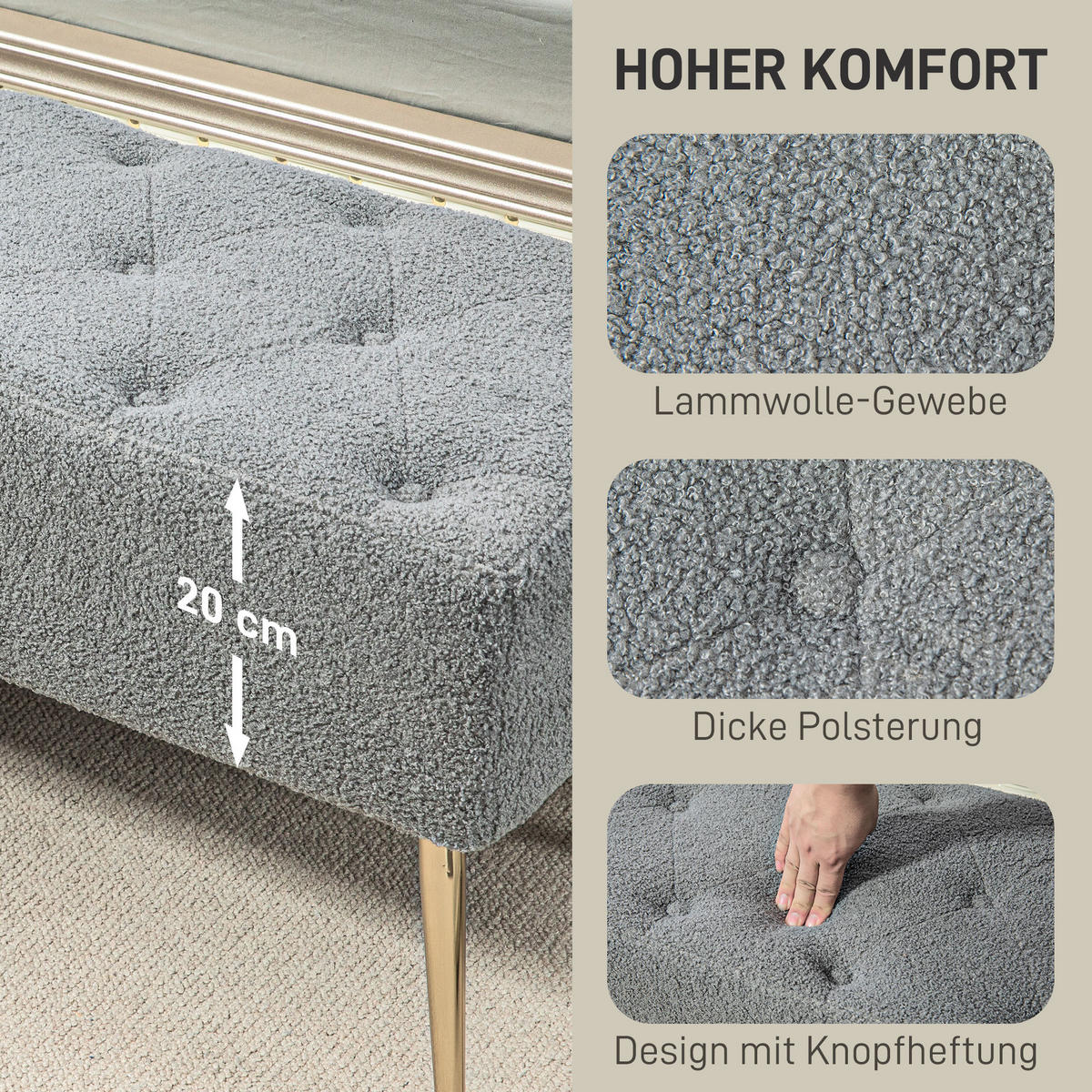 SITZBANK Polsterbank mit Lammwolle-Optik, Knopfheftung für Schlafzimmer, Grau - Grau, Kunststoff (41/46/112cm) - HOMCOM