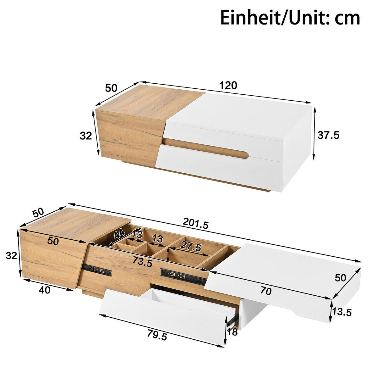COUCHTISCH 120/50/37,5 cm in Farbblockstruktur mit Schubladen - Naturfarben, Holzwerkstoff (120/50/37.5cm) - OKWISH