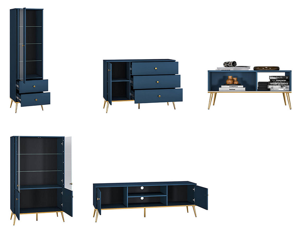 WOHNZIMMER-SET Marine dunkelblau / gold 427 / 40 / 190cm 5-teilig - Blau/Dunkelblau, Holz/Holzwerkstoff (427/190/40cm) - Feldmann-Wohnen