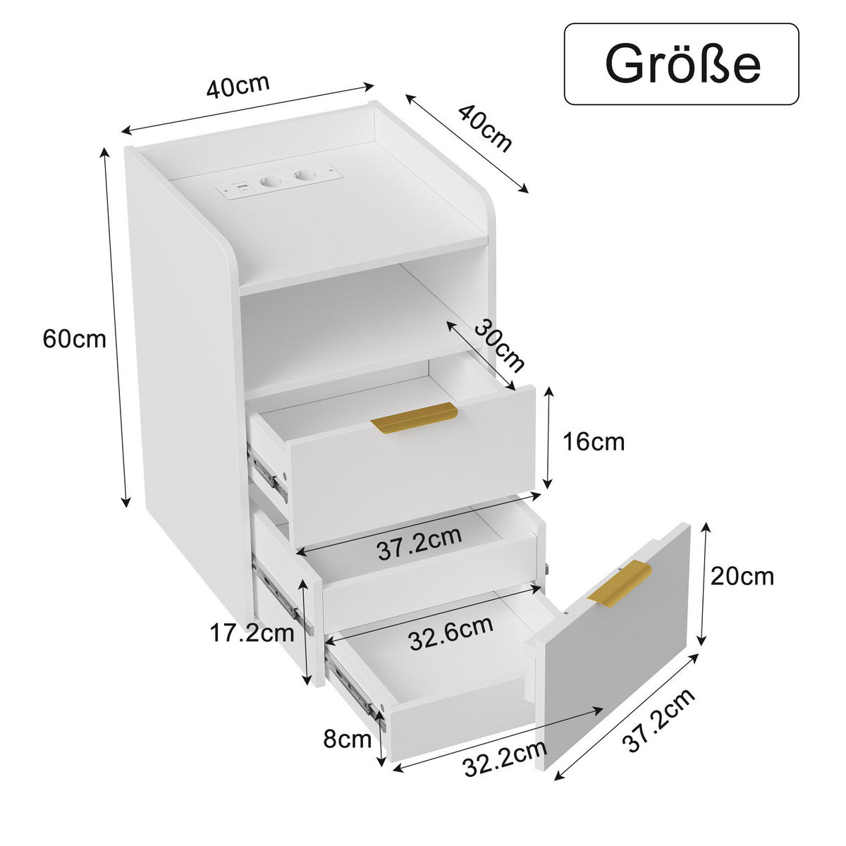 NACHTTISCH Weiß mit 2 Schubladen, Bettseittisch mit LED-Beleuchtung und Ladeanschlüssen, 40/40/60 cm - Goldfarben/Weiß, Holz/Metall (40/60/40cm) - BPKADHY