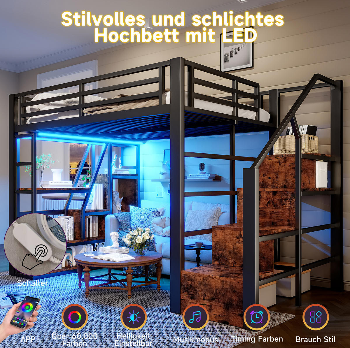 HOCHBETT 140/200 cm in Schwarz mit LED-Beleuchtung und Stauraumtreppe - Schwarz, Holzwerkstoff (140/200cm) - Flora Grace