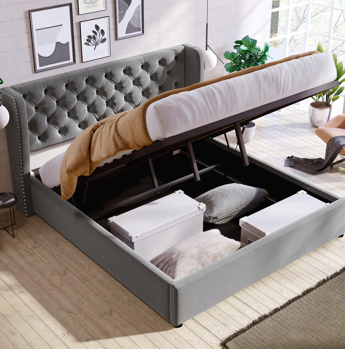 SAMT-POLSTERBETT 140/190 cm mit Bettkasten und gepolstertem Kopfteil in Grau - Grau, Textil (140/190cm) - BEAOK