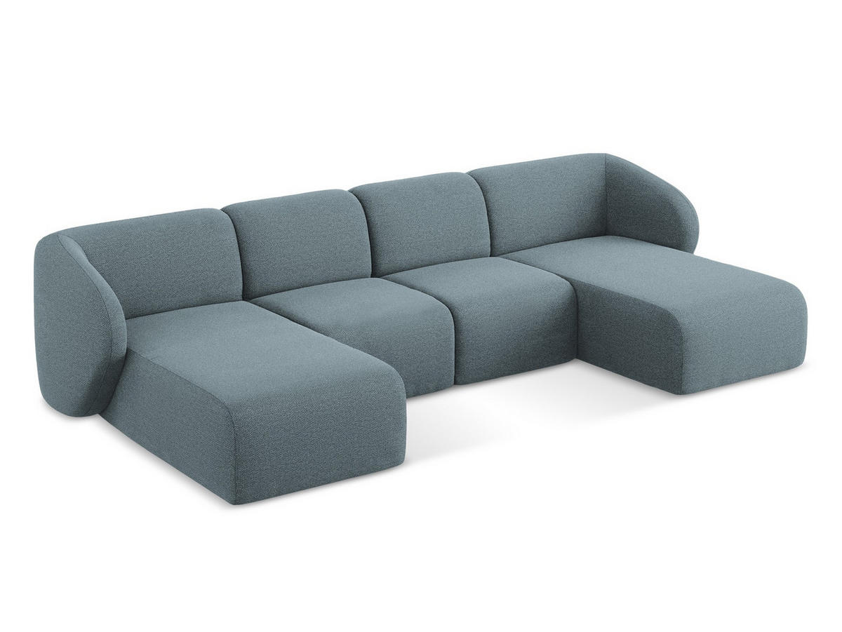 WOHNLANDSCHAFT Bouclé Stoff Blau - Blaugrau/Schwarz, Holzwerkstoff/Kunststoff (370/74/170cm) - Makamii