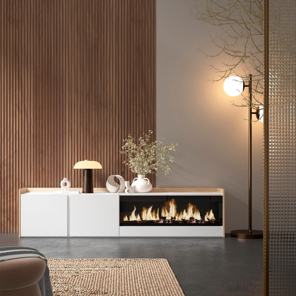 LOWBOARD, Weiß und Eiche, 212/35/50cm, Kamin mit Feuereffekt XXL - Weiß, Holzwerkstoff (212/50/35cm) - Skraut Home