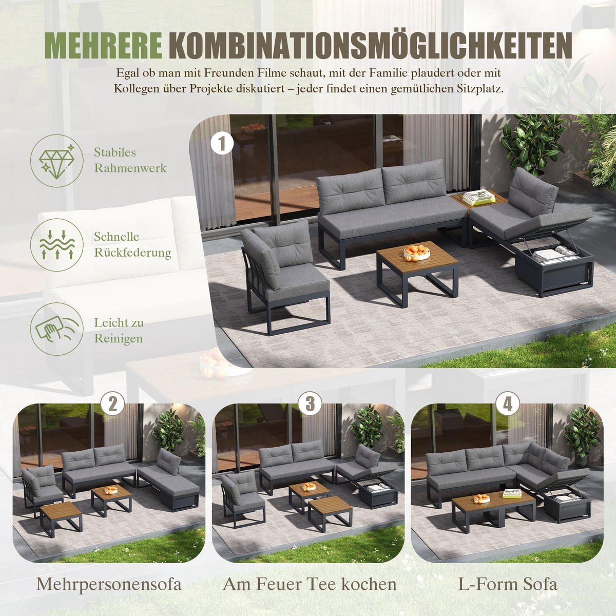 LOUNGEGARNITUR, Gartenlounge-Set, L-/U-Form Gartenmöbel Set, Grau - Grau, Metall - LVHOM