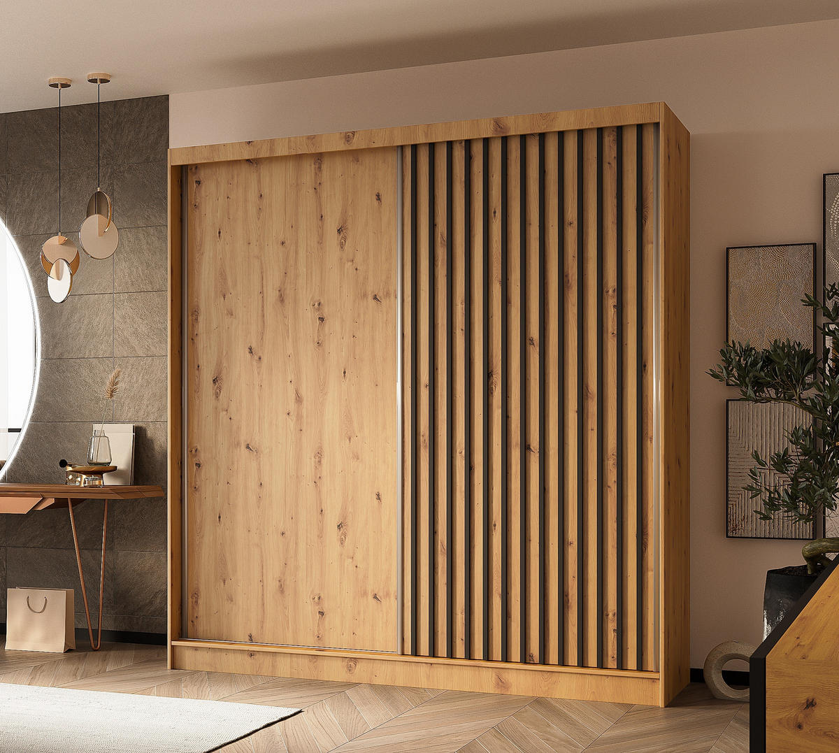 SCHWEBETÜRENSCHRANK Cabinio Eiche Artisan 200/216/61 cm – Modern, mit Lamellen - Walnussfarben/Schwarz, Holzwerkstoff/Kunststoff (200/216.1/61cm) - AX Living