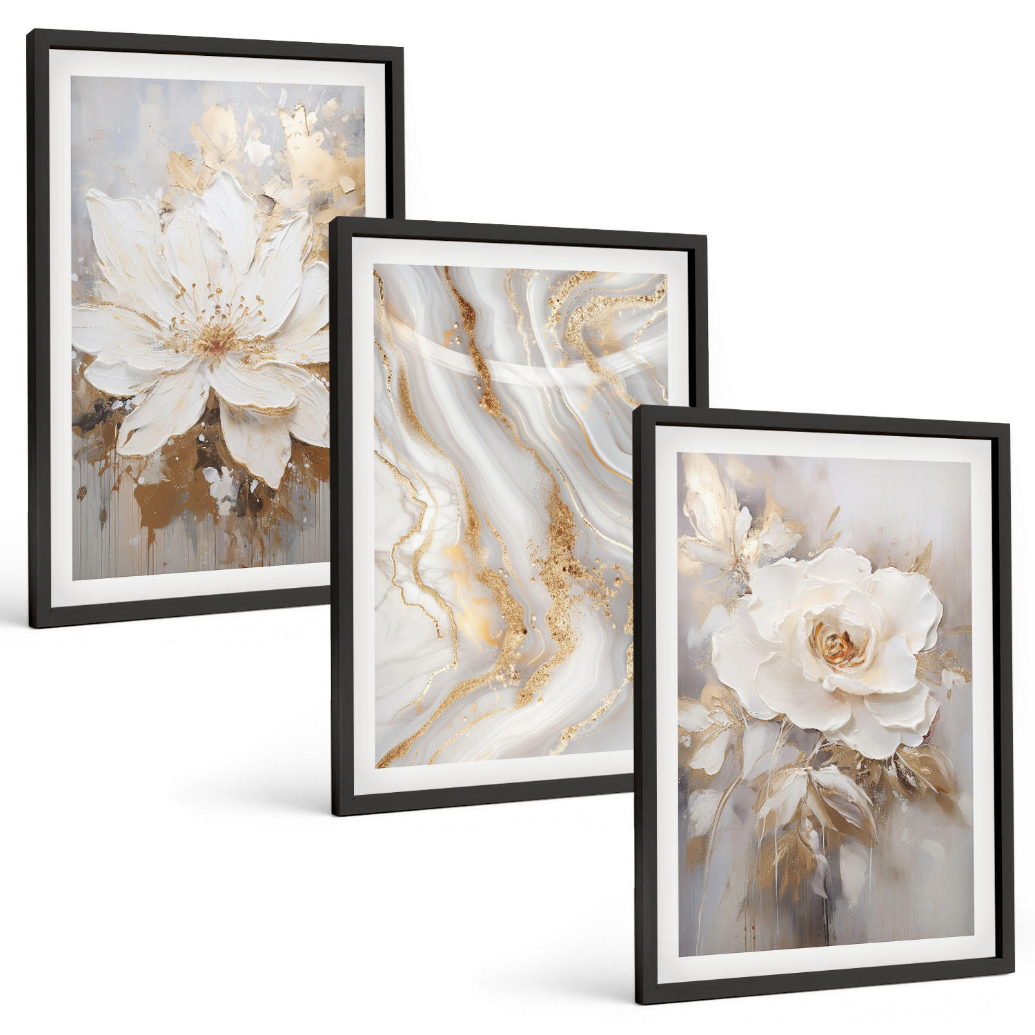 BILDER SET 3er Set - 40x60 cm Schwarzer Rahmen - Abstrakte Blumen aus Marmor - Schwarz, Kunststoff (40/60cm) - TULUP