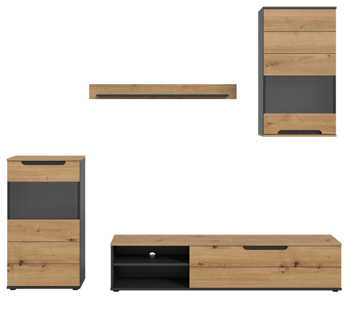WOHNWAND Eiche Artisan, grau 4-teilig 246 cm, Schrankwand mit Soft-Close - Schwarz/Eiche Artisan, Glas/Holz (246/182/37cm) - Inn.Furn