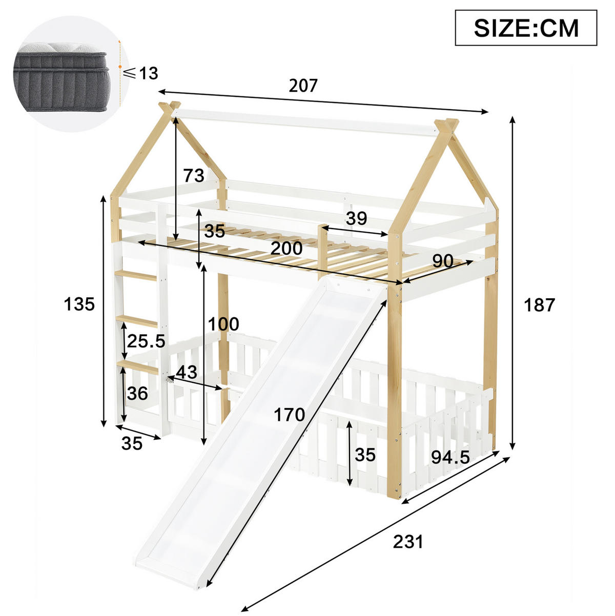 HAUSBETT 90/200 cm Weiß Natur mit Rutsche und Leiter ohne Matratze - Weiß, Holz (90/200cm) - MIVRAY