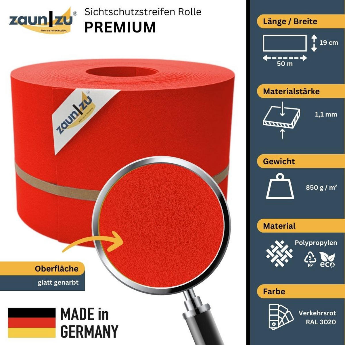 SICHTSCHUTZSTREIFEN Premium für Doppelstabmatten Zaunblende Rot, 50m - Rot, Kunststoff (5000/19cm) - ZAUN|ZU