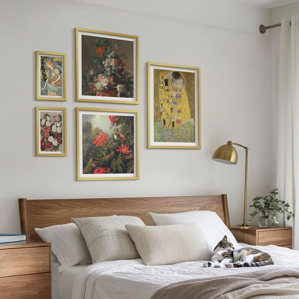 BILDER SET 5er Set - 50x50 cm & 20x30 cm & 40x60 cm Goldrahmen - Blumen des Baumes (Gemälde von Klimt) - Goldfarben, Kunststoff (40/60cm) - TULUP