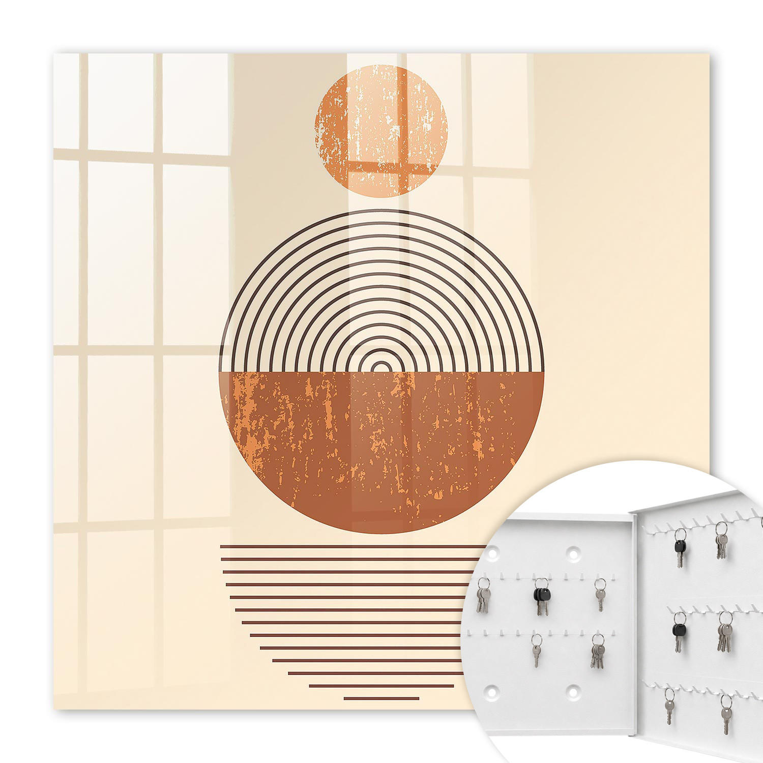 SCHLÜSSELBOX Weiß 30x30 cm – Türöffnung nach rechts - Retro-Geometrie - Orange, Metall (30/30/5cm) - TULUP