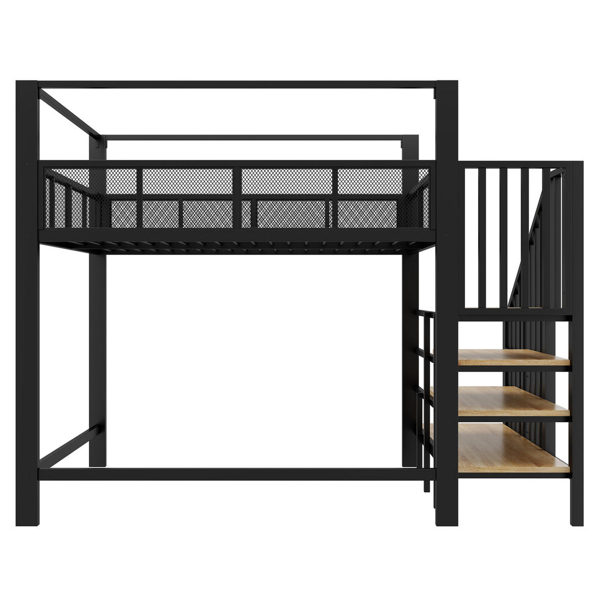 HOCHBETT Schwarz 140×200cm mit Baldachin, Stauraumtreppe und freier Arbeitsfläche unter dem Bett - Schwarz, Metall (140/200cm) - Luhomfu