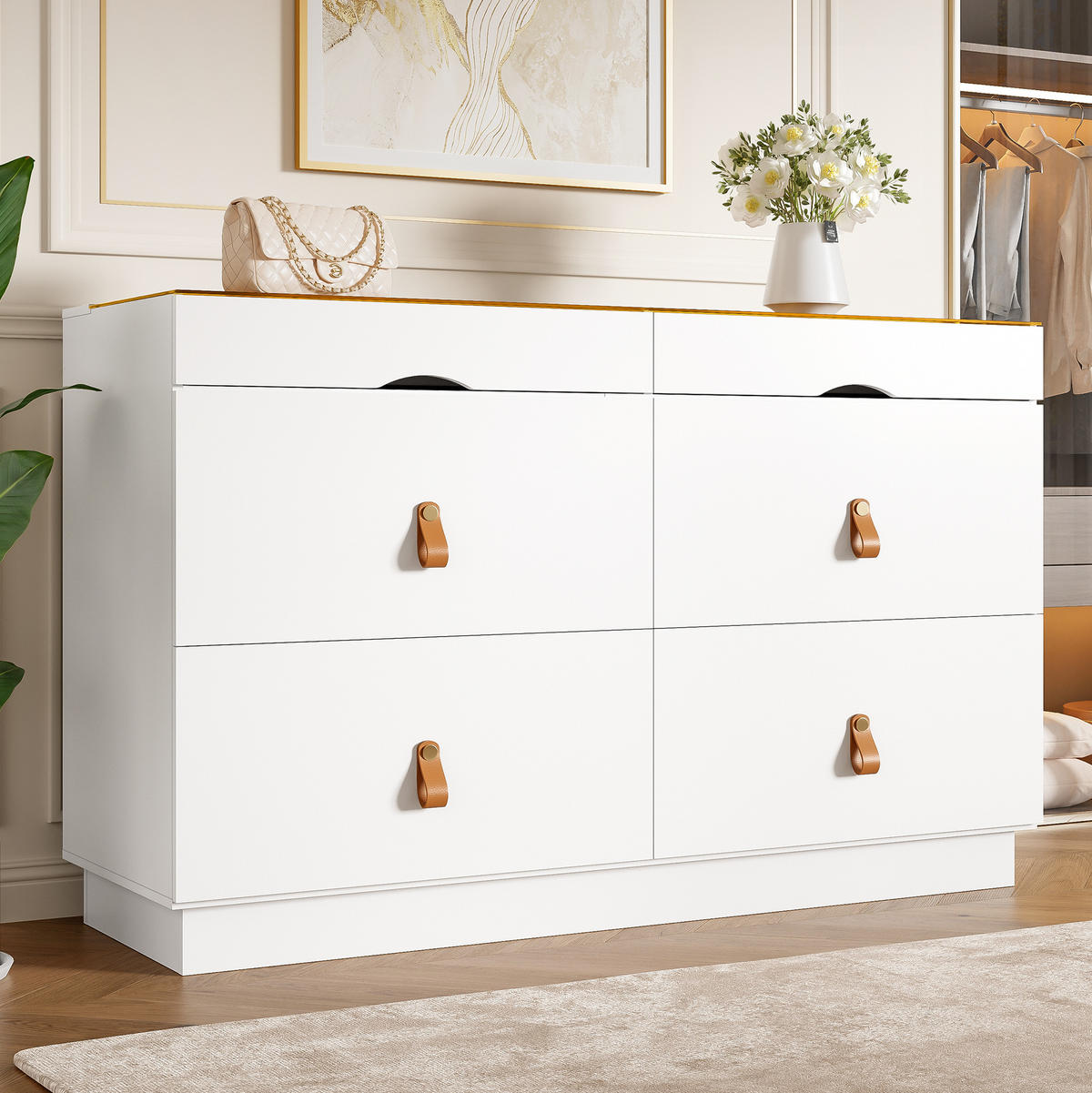 SIDEBOARD mit 6 Schubladen 120/40/78 cm in Weiß mit Glasplatte - Weiß, Glas (120/78/40cm) - BEAOK
