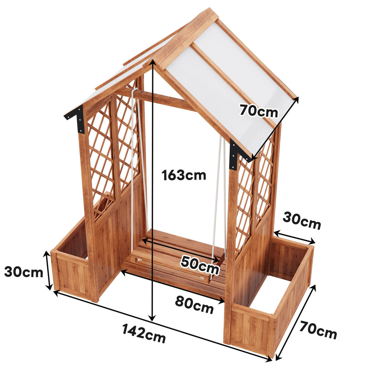 BLUMENKASTEN aus Massivholz 163x142x70 cm in Braun mit Rankgitter & Schaukel - Braun, Holz (70/163/142cm) - Modfu
