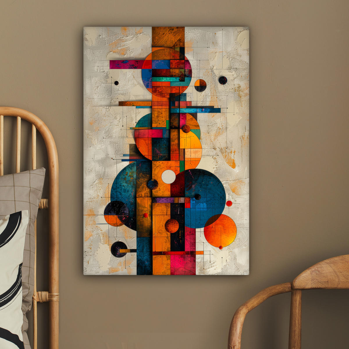 OBRAZ NA PLÁTNE Vintage - Moderné umenie - Oranžová - Geometrické tvary 60x90 cm - viacfarebná, textil (60/90cm) - MuchoWow