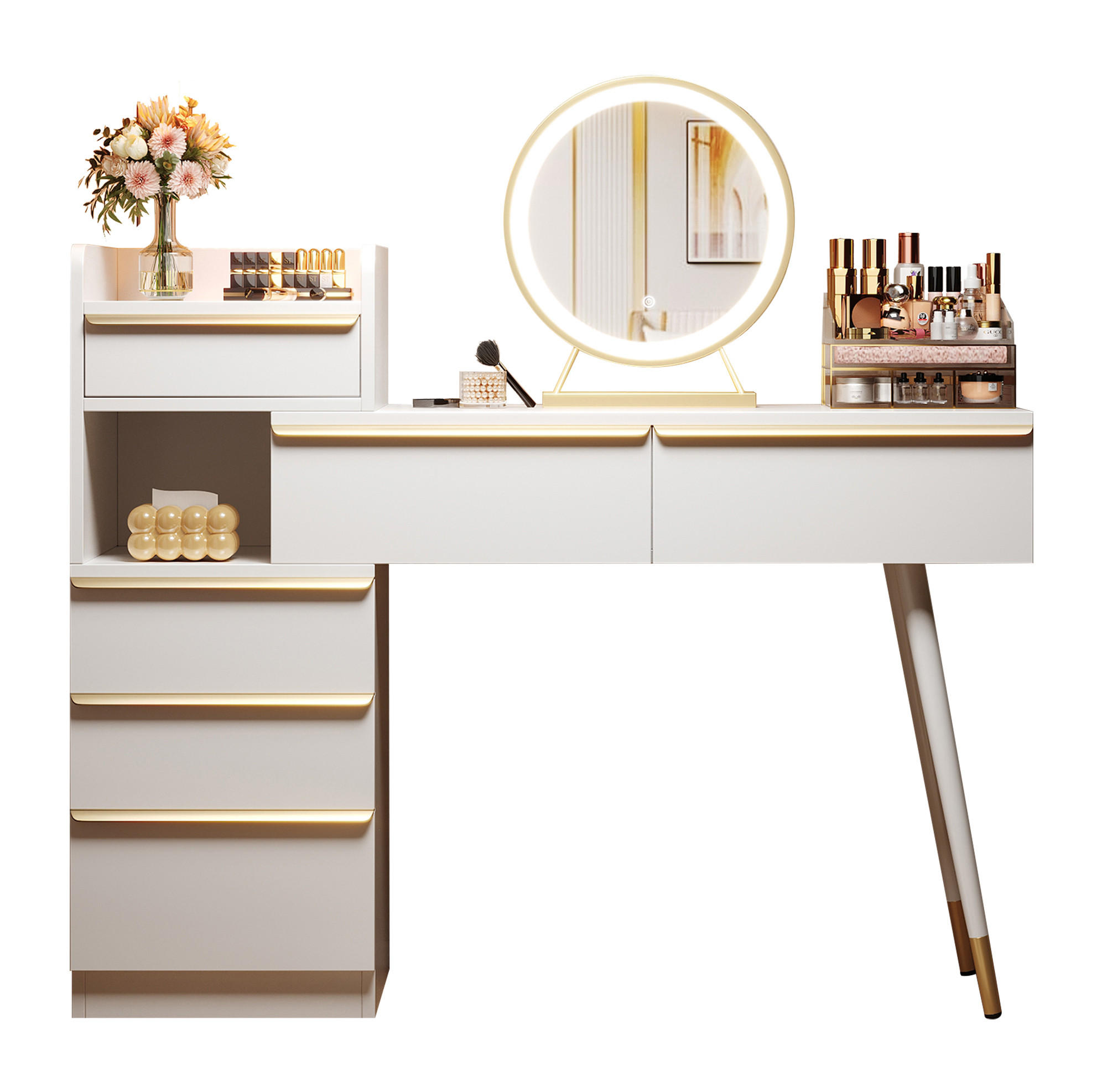 Modfu TOALETNÍ stolek z dřevotřísky 100x41x102 cm bílý s LED zrcadlem, výsuvnou deskou a 6 zásuvkami