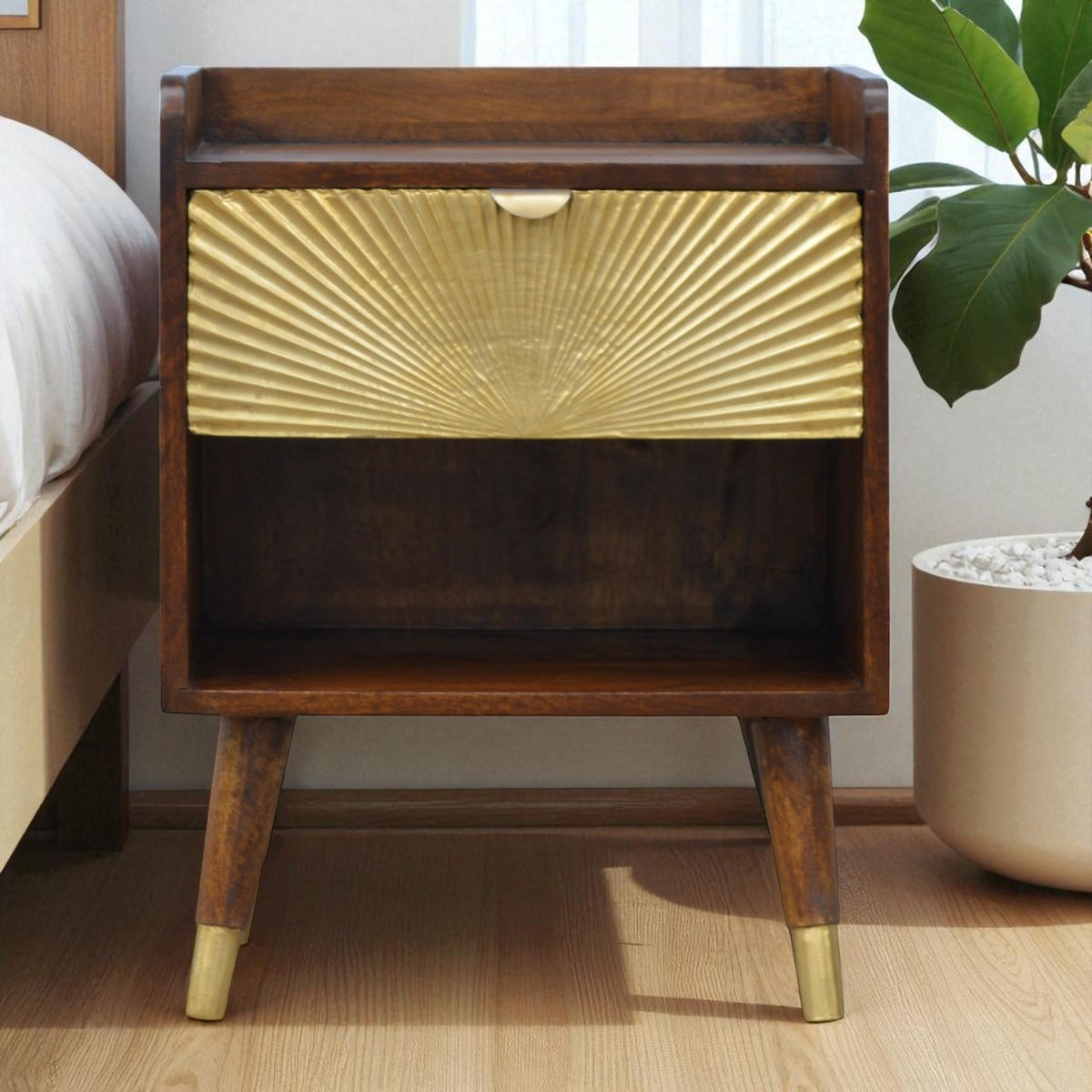 NACHTTISCH aus Massivholz, 1 Schublade, 1 Offenes Fach, Nordische Beine, Braun und Goldfarben - Messingfarben/Braun, Holz/Metall (45/58/35cm) - Artisan Furniture