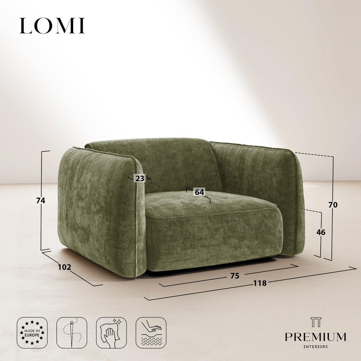SESSEL LOMI Geprägter Samt Vintage-Grün 118cm - Dunkelgrün/Grün, Textil (118/76/102cm) - Premium Interiors