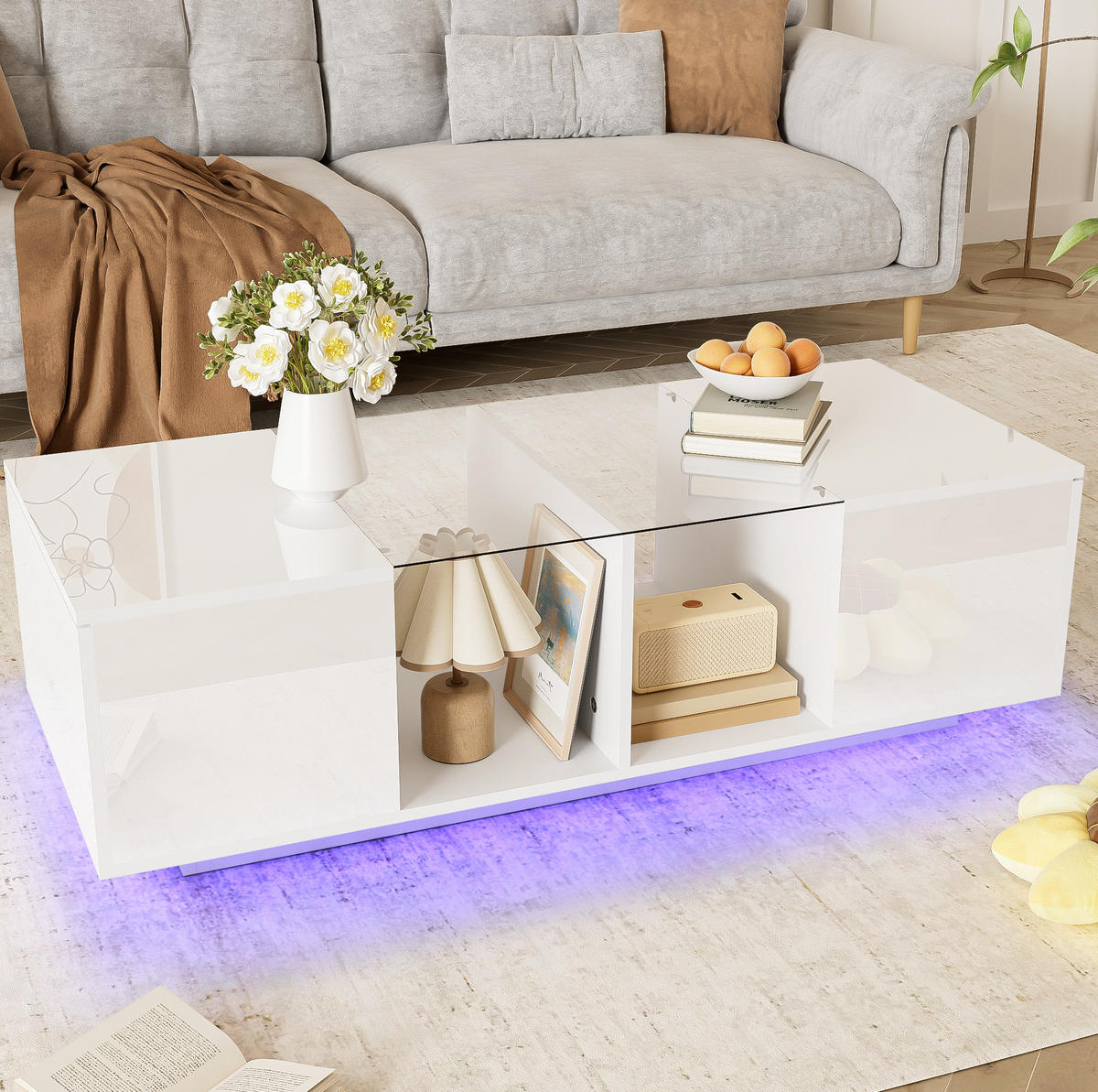 COUCHTISCH, Weiß Hochglanz/Matt mit Glasplatte und LED (16 Farben), integrierter Stauraum, 120/50/38,5 cm, Weiß - Weiß, Holzwerkstoff (120/50/38.5cm) - Redom