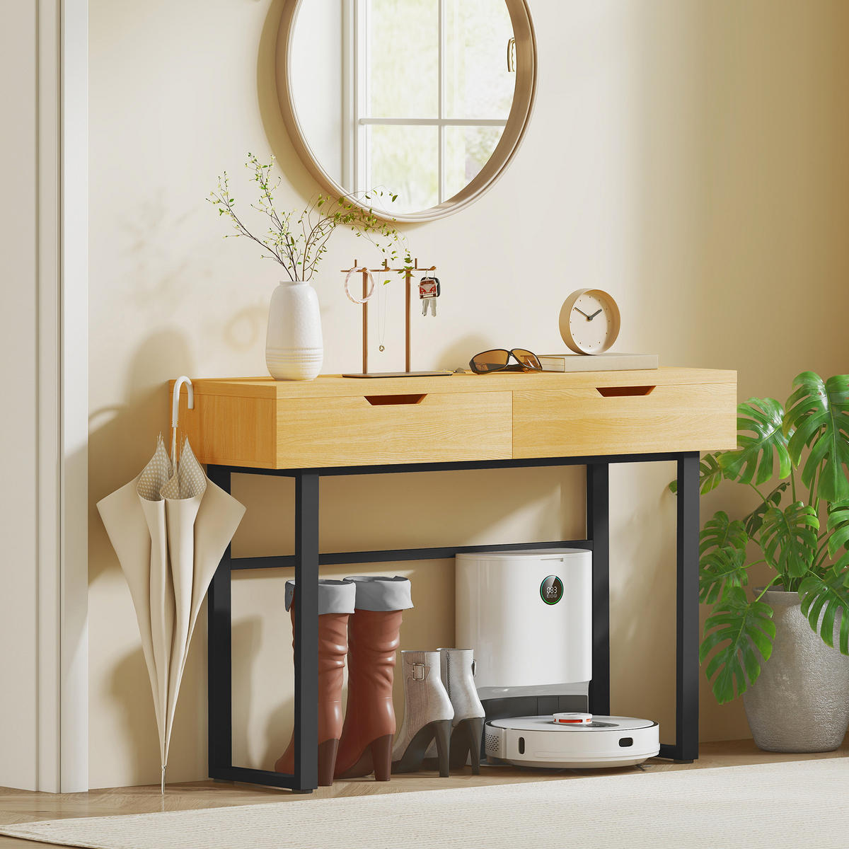 KONSOLENTISCH Schmaler Flurtisch mit 2 Schubladen, Metallrahmen, Natur - Naturfarben, Holzwerkstoff (110/35/76.5cm) - HOMCOM