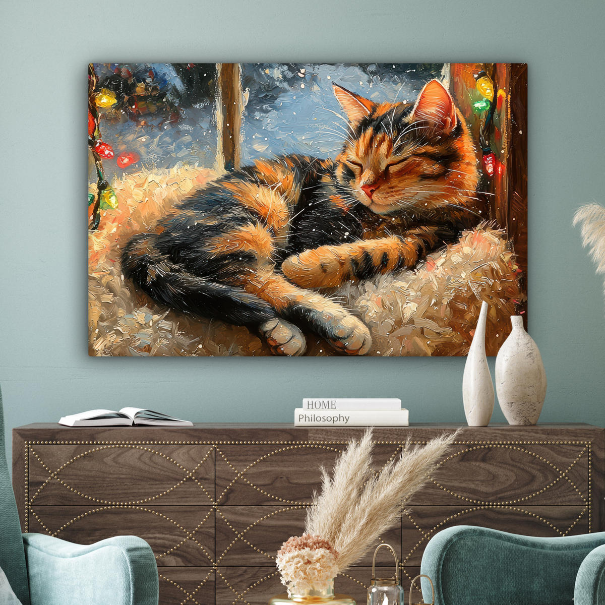 LEINWANDBILD Katze - Weihnachten - Winter - Tier Groß 140x90 cm - Bernsteinfarben, Textil (140/90cm) - MuchoWow