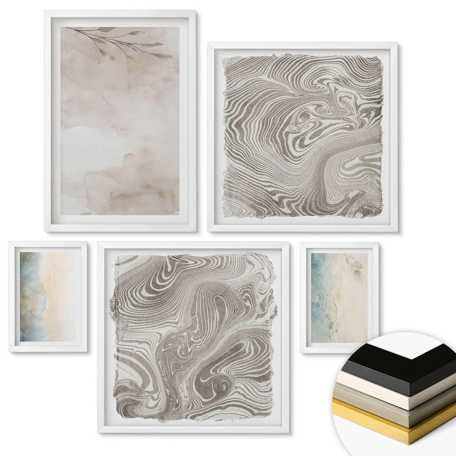 WANDBILDER 5er-Set - 50x50 cm & 20x30 cm & 40x60 cm Weißer Rahmen - Zarte Aquarellkartons - Weiß, Kunststoff (40/60cm) - ArtPrintCave