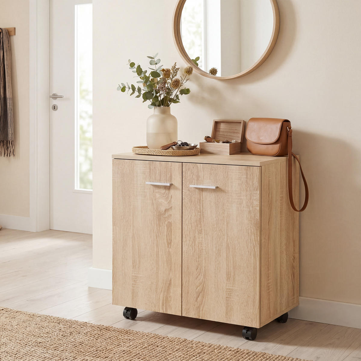 SIDEBOARD Naturfarben, 2 Türen, auf Rollen, 60/35/65 cm - Naturfarben, Holz (60/65/35cm) - PANGIVO