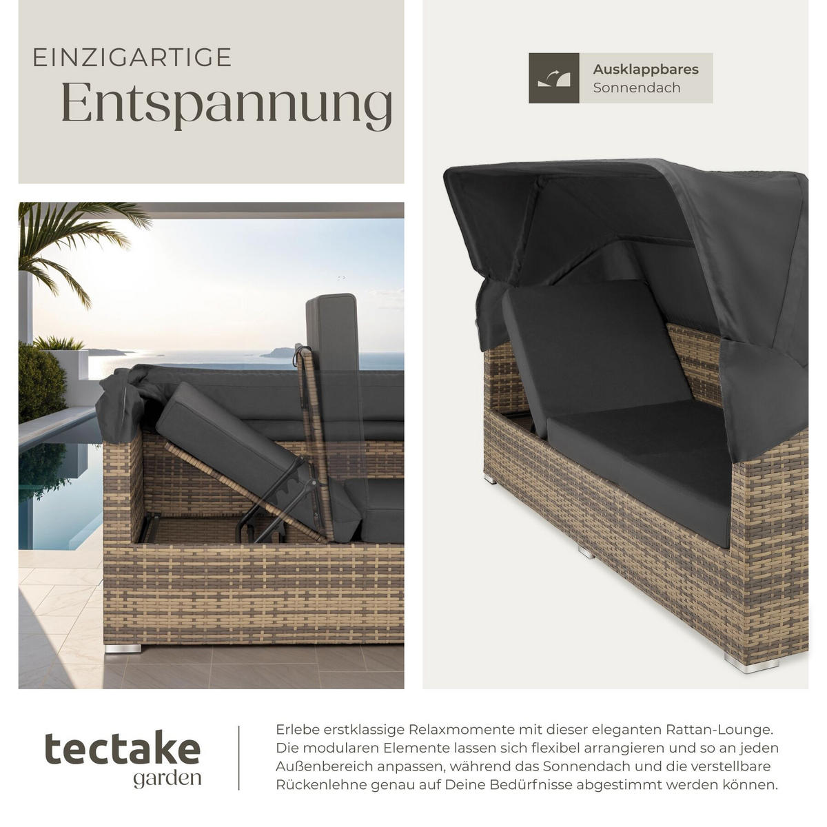 RATTANLOUNGE San Marino, mit Sicherheitsglasplatte, variabel aufstellbar, natur - Naturfarben, Kunststoff (68/131/199cm) - tectake
