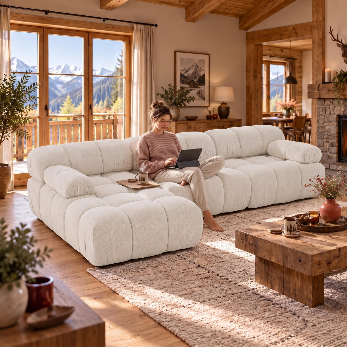 MODULARES Ecksofa MOMENTUM L, Links, Breite 282 cm, strukturierter Stoff, Weiß - Chromfarben/Weiß, Holz/Textil (282/155cm) - Muffo