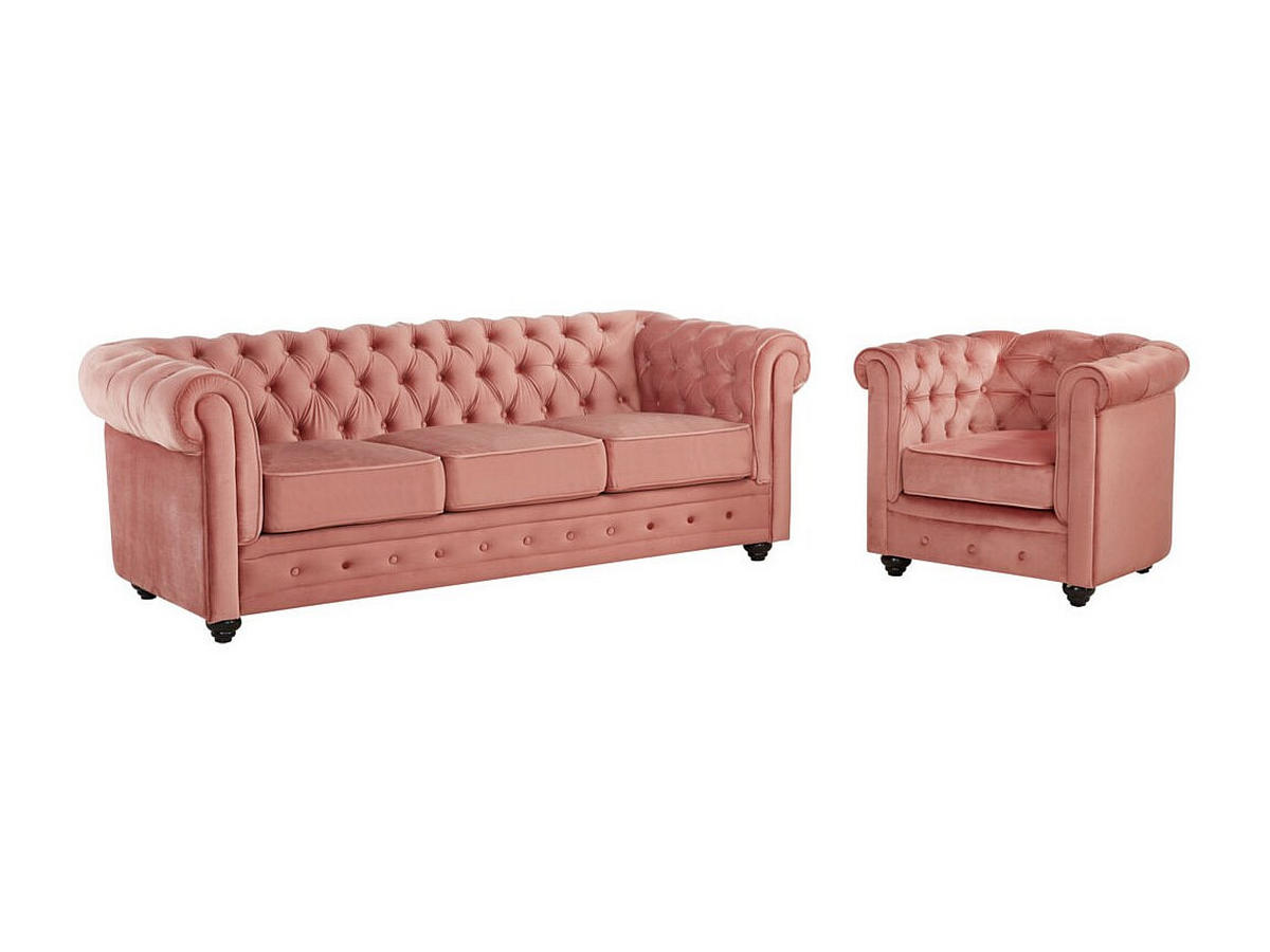 COUCHGARNITUR 3+1 - Samt - Rosa - CHESTERFIELD - Pink, Textil (205/72/88cm) - Vente-Unique