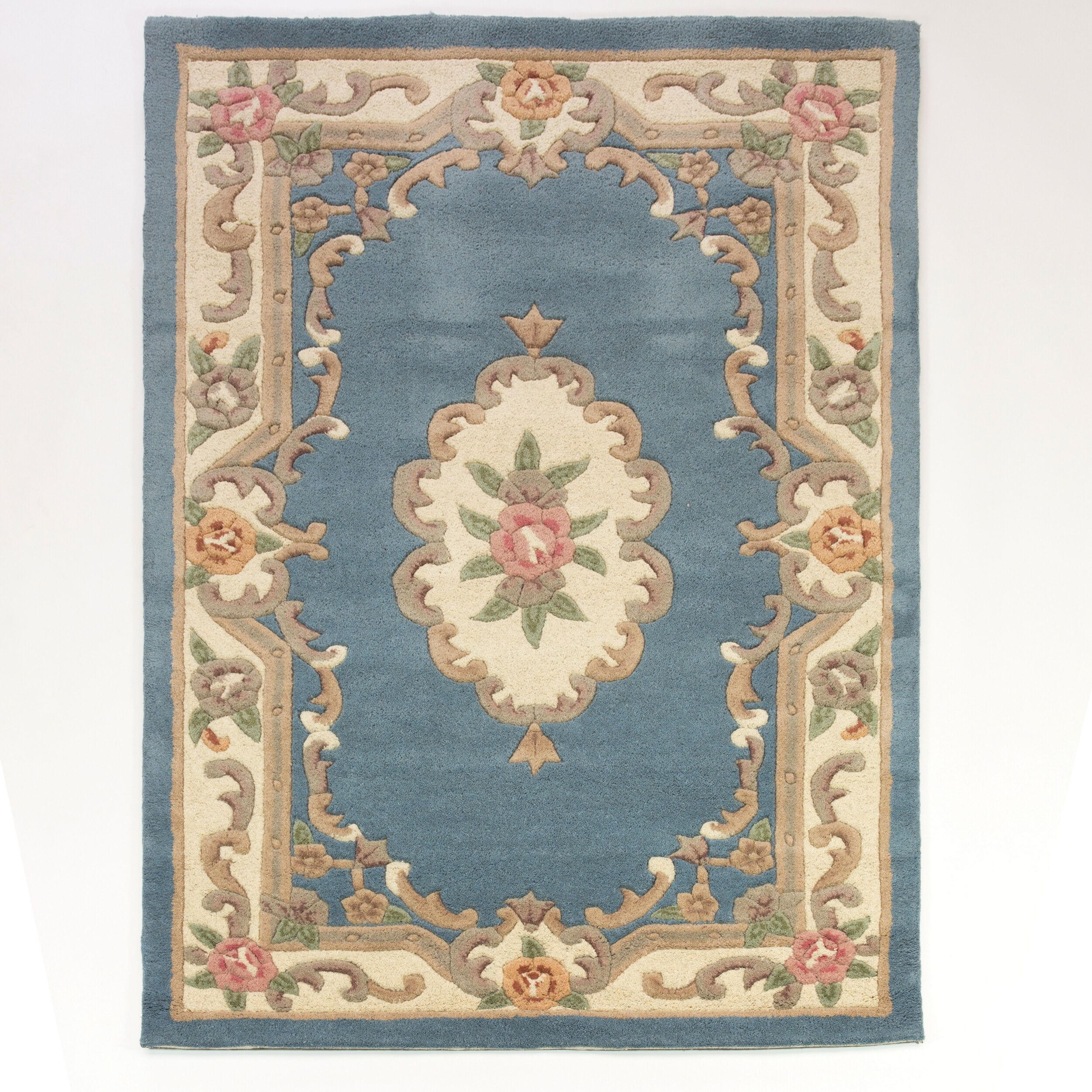 WOLLTEPPICH Aubusson-Muster handgeknüpft BEAULY, Blau-Beige 120x180 cm - Blau, Textil (120/180cm) - KADIMA DESIGN