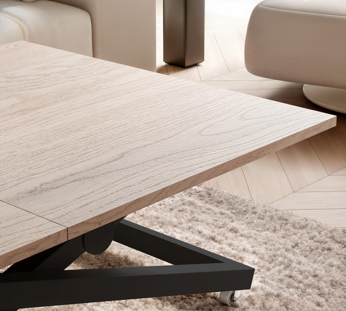 COUCHTISCH ARIA 120-160/80 cm, Höhenverstellbar, Schwarz / Cremona Cannolo (Cremefarben) - Creme/Schwarz, Holzwerkstoff/Metall (120/80/38cm) - Idohome