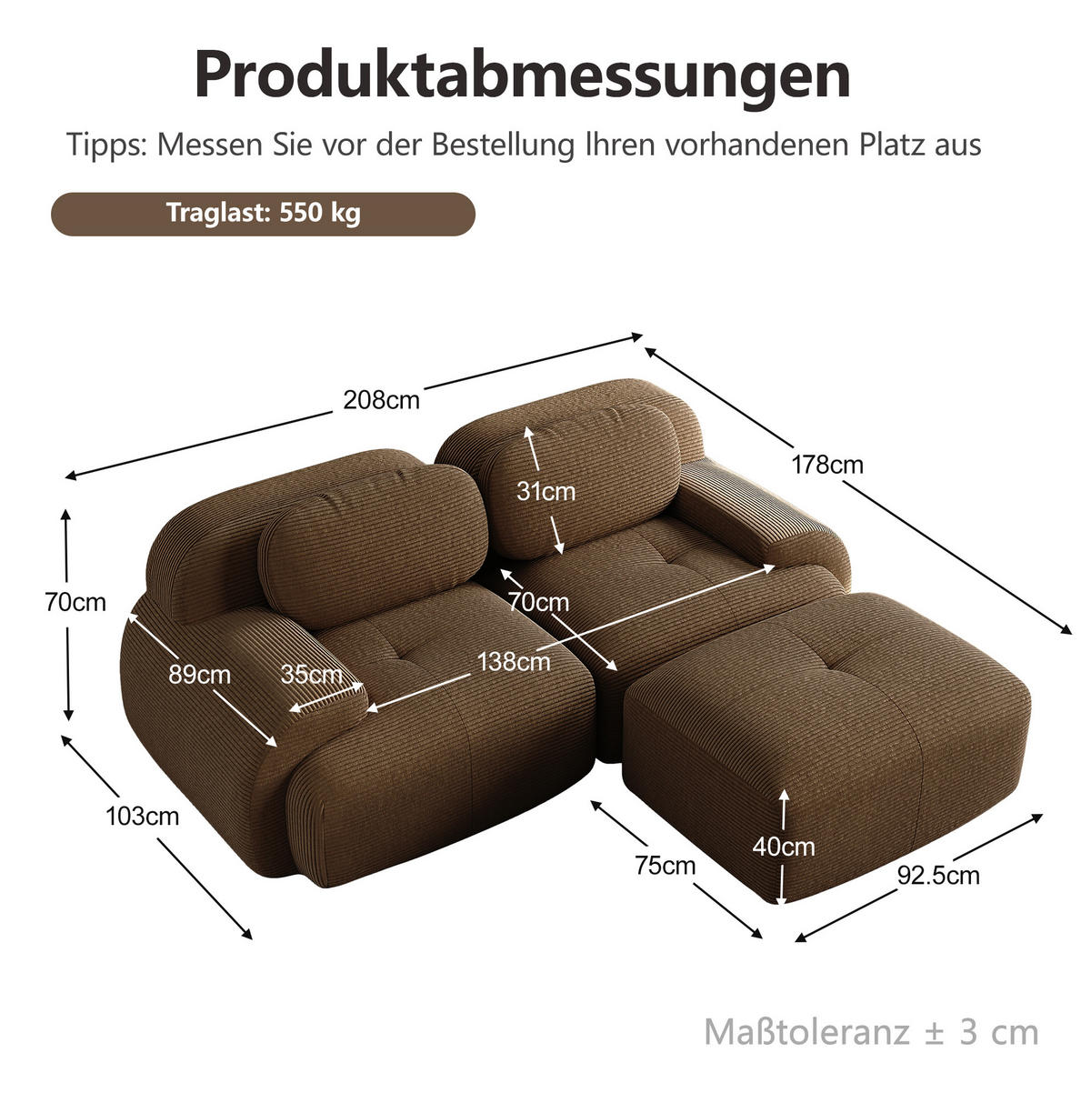 ECKSOFA 208/178/70 cm in Braun aus Cord mit modularer Form und geschwungenen Armlehnen - Braun, Textil (178/208cm) - Flora Grace