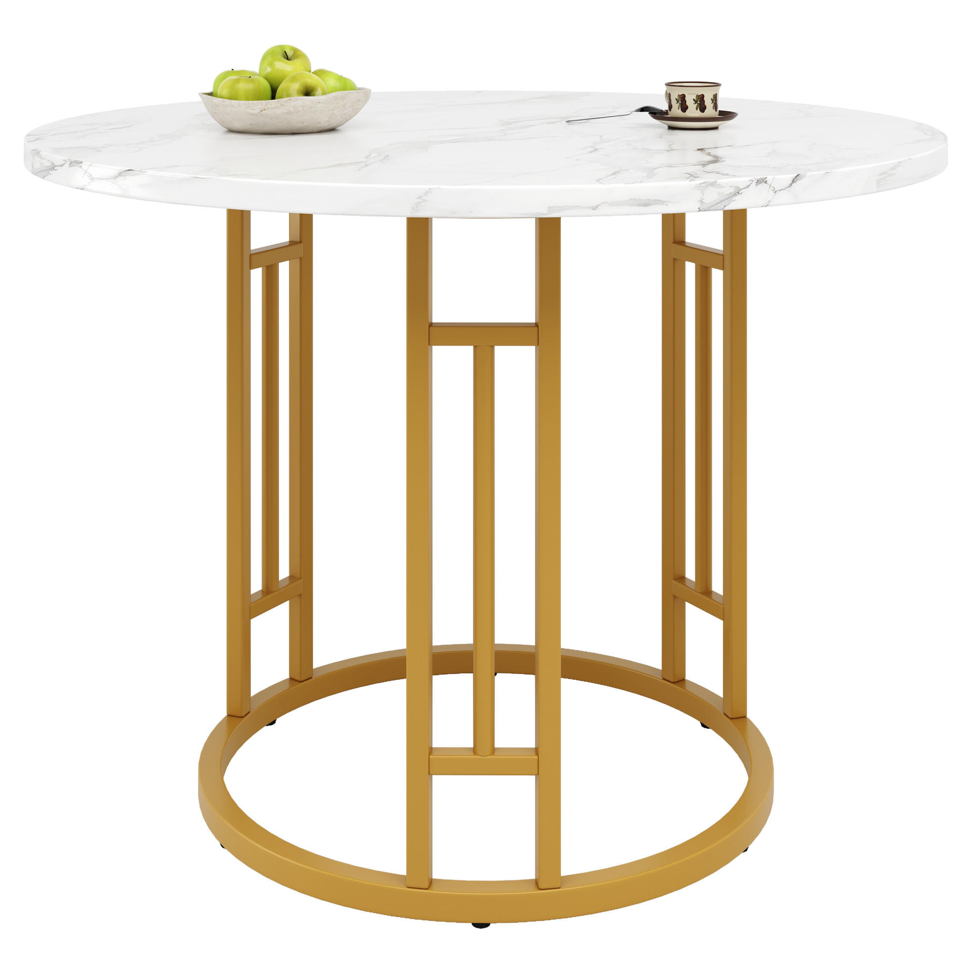 ESSTISCH 80x80x76 cm in Weiß und Gold aus MDF mit runder Marmoroptik - Weiß, Holzwerkstoff (80/80/76cm) - Modfu