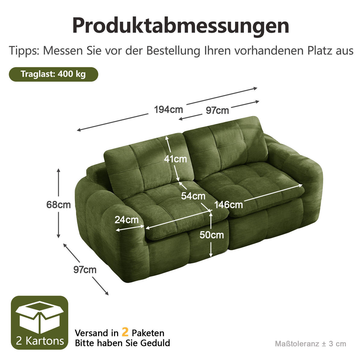 2-SITZER-SOFA DE-34464 quadratische Tuftung und 32D-Schaum Grün - Grün, Textil (97/68/194cm) - ComfortXL