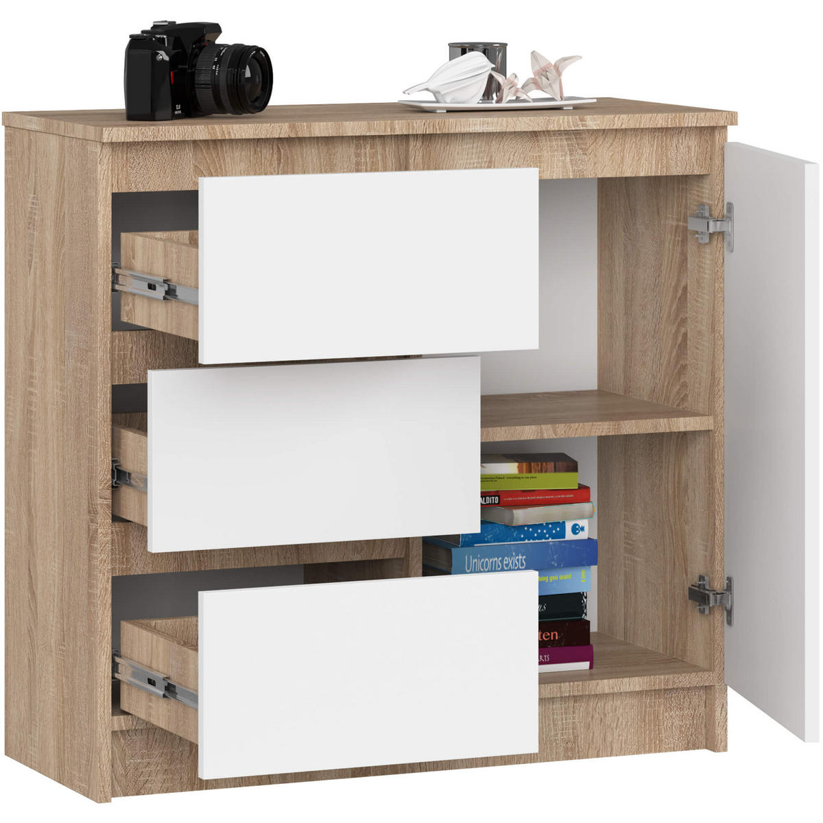 KOMMODE Sonoma Eiche, Weiß 35x80x77 cm - Weiß/Sonoma Eiche, Holzwerkstoff (80/77/35cm) - Akord