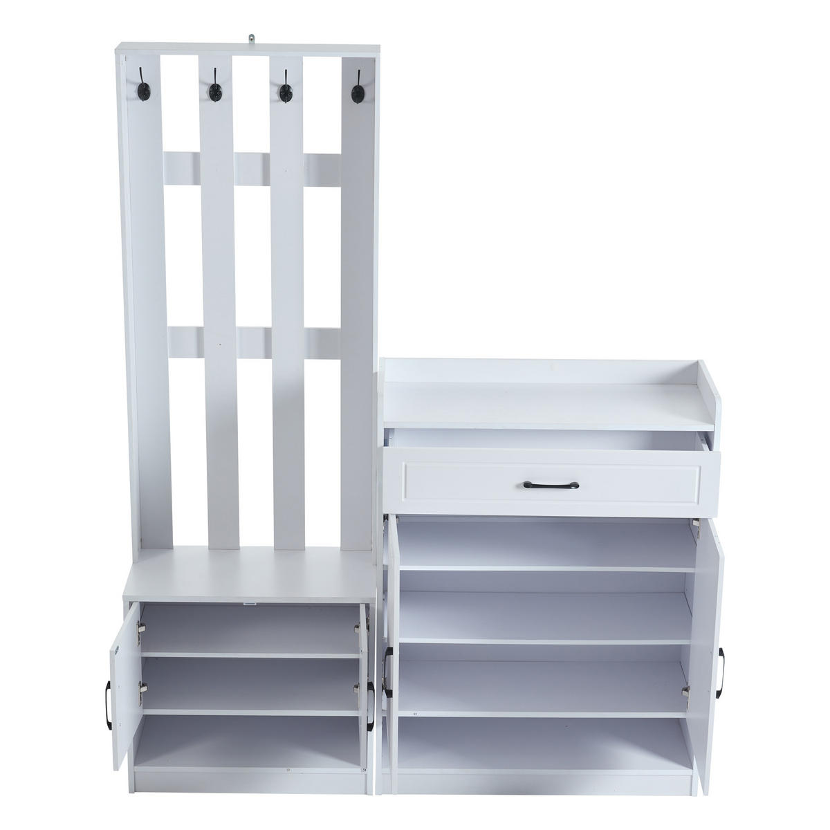 DIELENGARDEROBE 140/32/180 cm mit 4 Haken, Schuhschrank und Sitzbank in Weiß - Weiß, Holzwerkstoff (140.6/180/30.5cm) - BEAOK