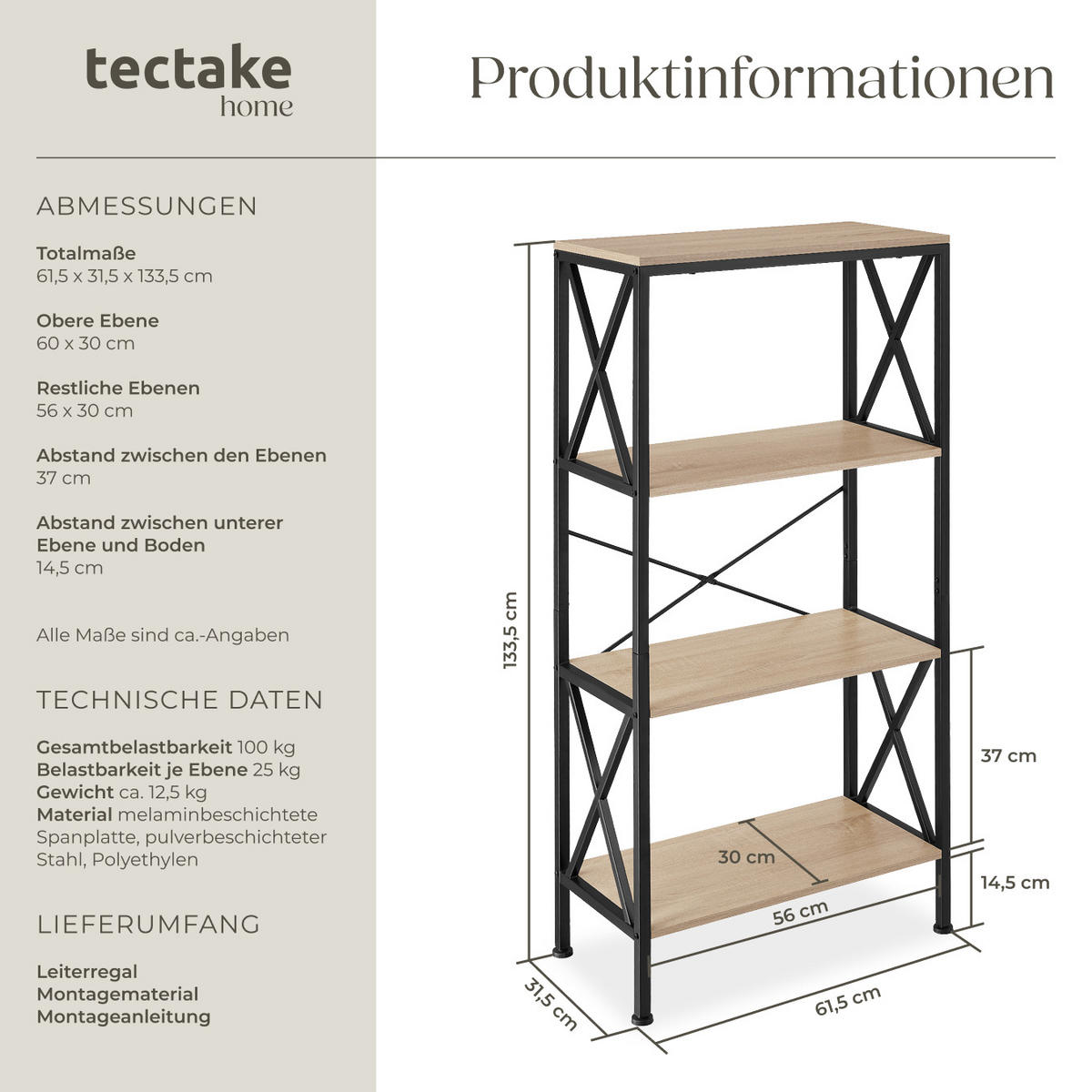 REGAL Barry,inklusive Kippschutz, 61,5 x 31,5 x 133,5 cm,Industrial Holz hell, Eiche Sonoma - Naturfarben, Holzwerkstoff (31.5/133.5/61.5cm) - tectake