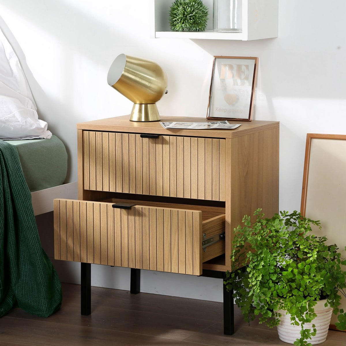 NACHTTISCH 2 Schubladen Effekt Holz mit Rillen - H51cm - Apfelbaumfarben, Holzwerkstoff (29/51/45cm) - Calicosy