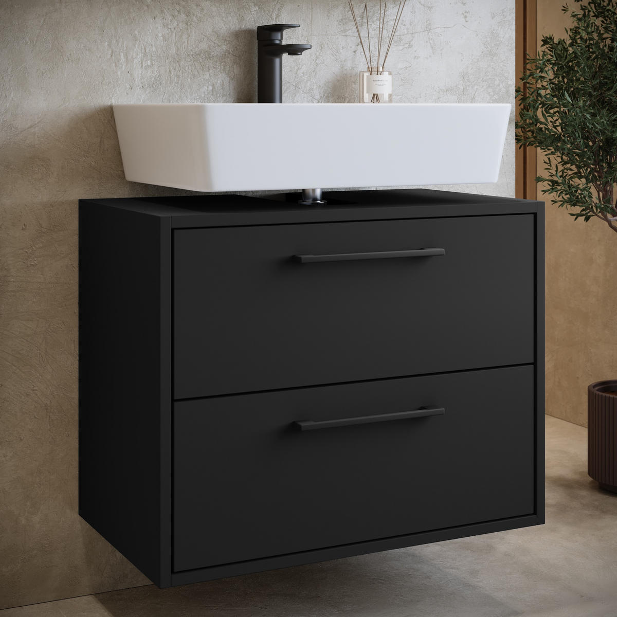WASCHBECKENUNTERSCHRANK Florence 2 Schubladen Schwarz Mat - 60 x 35 x 47 cm - Schwarz, Holz (60/47/35cm) - Badplaats