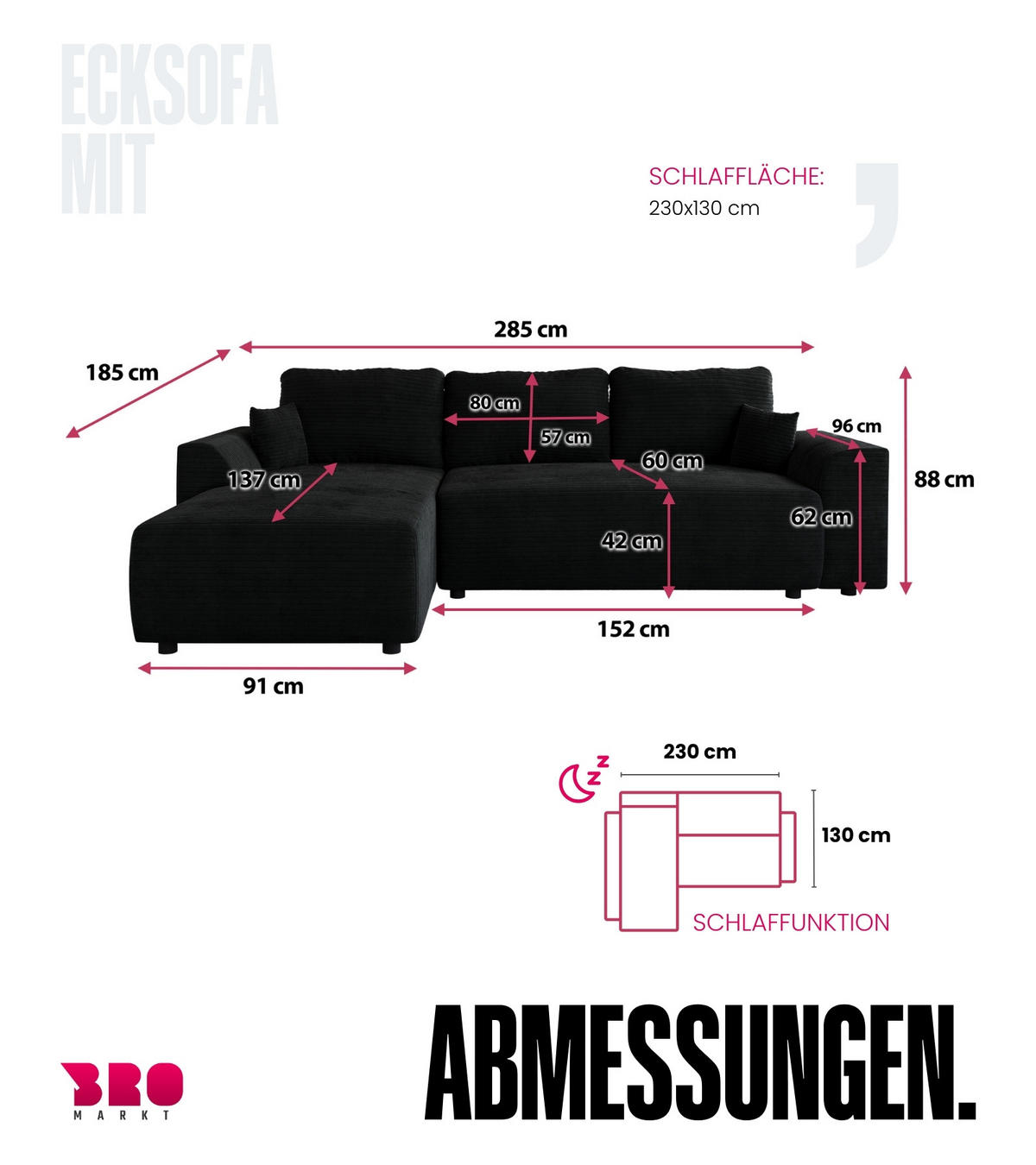 ECKSOFA Romeo mit Schlaffunktion Schwarz - Schwarz, Textil (285/185cm) - Bromarkt