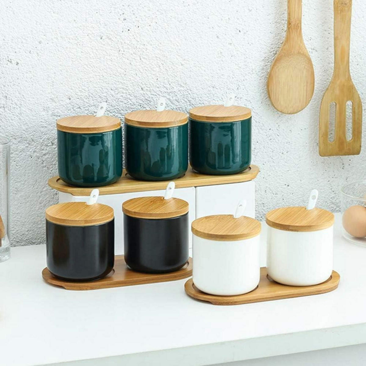 GEWÜRZGLÄSER 3er Set Keramik Grün mit Bambusdeckel und Löffel - Petrol, Keramik (8/10/8cm)
