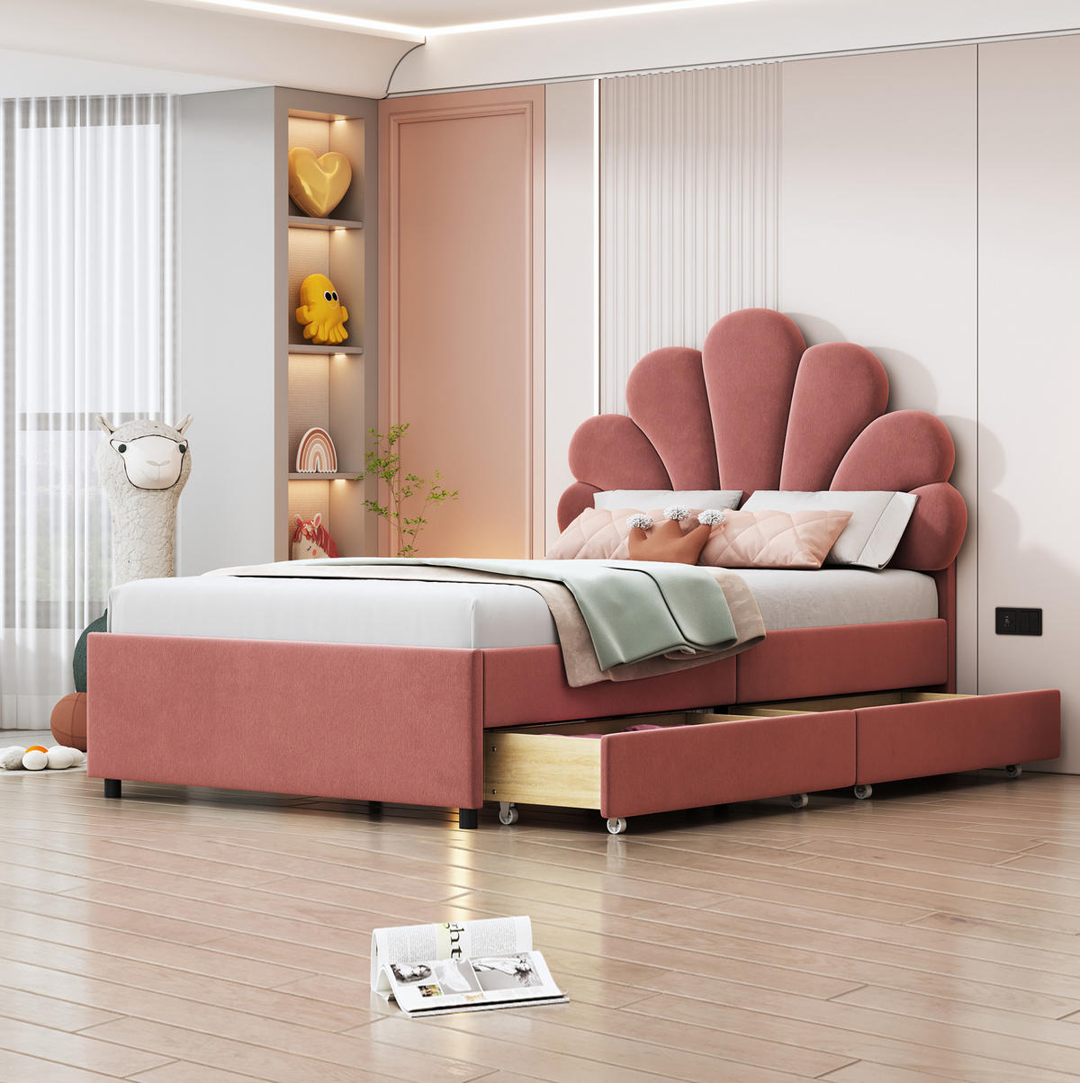 KINDEREINZELBETTEN aus Samt 90x200 cm in Rosa mit 2 Schubladen & Lattenrost - Dunkelrosa, Textil (90/200cm) - Modfu