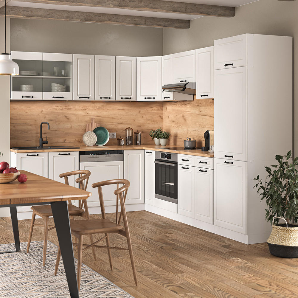 ECKKÜCHE R-Line Weiß Landhaus/Weiß 227 x 287 cm, AP Marmor - Creme/Weiß, Holzwerkstoff (287/81.6/60cm) - Vicco