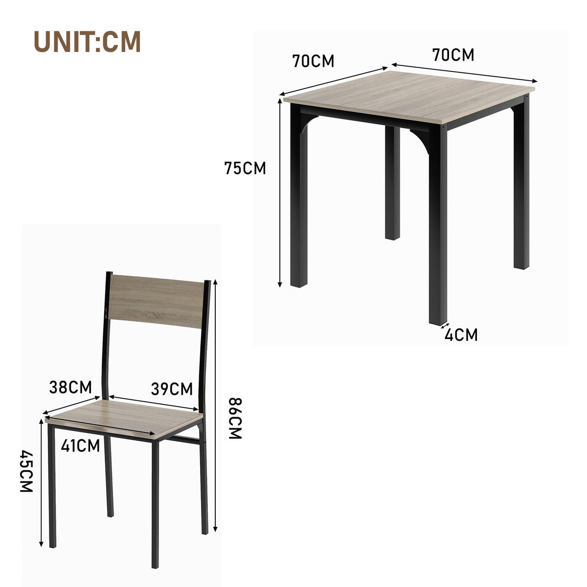 SITZGRUPPE Esstisch mit 2 Stühlen Naturfarbe - Naturfarben, Metall (70/75.5/70cm) - FLIEKS