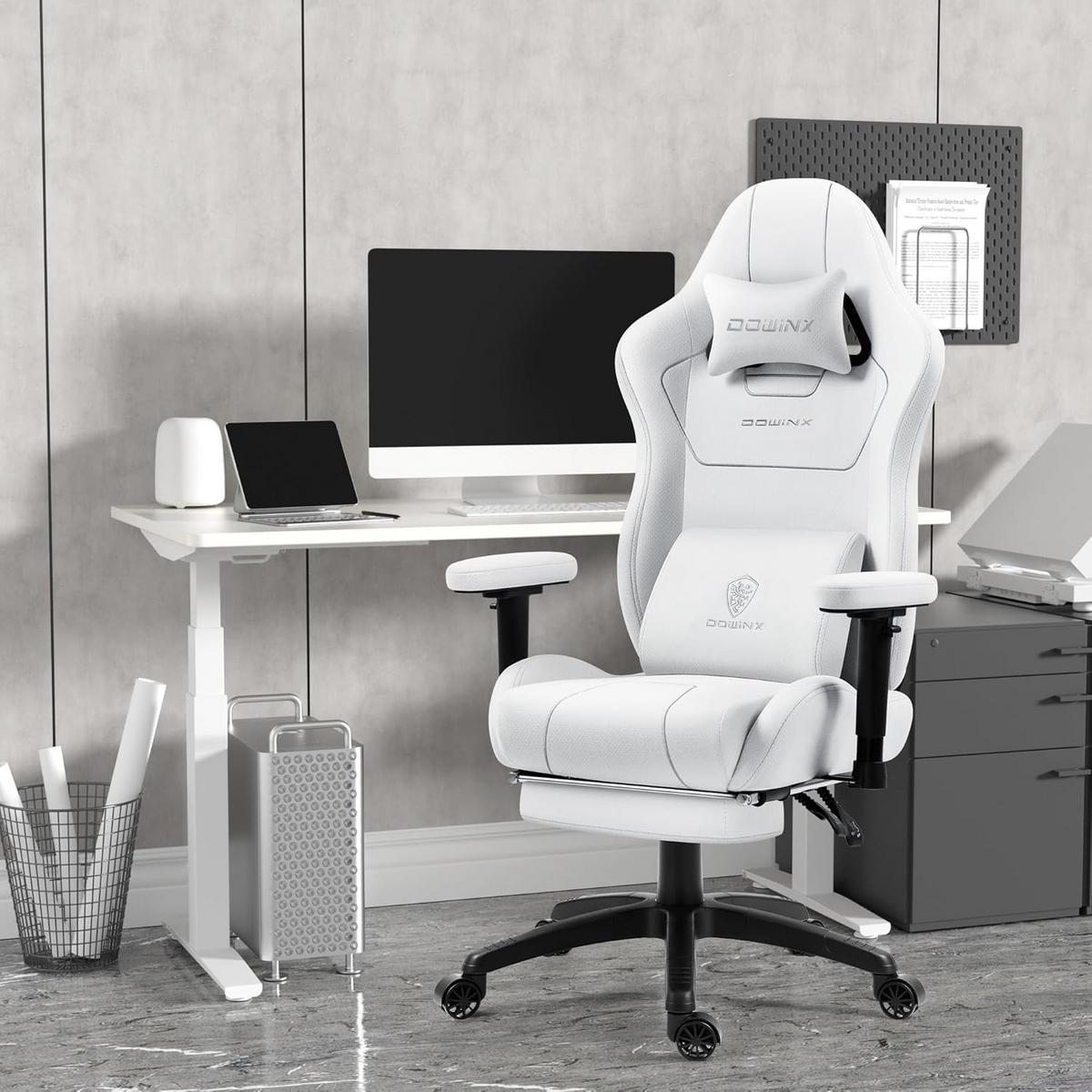 GAMING Stuhl Stoff & Taschenfederkissen PC Bürostuhl & Fußstützen - Weiß, Textil (70/130/60cm)